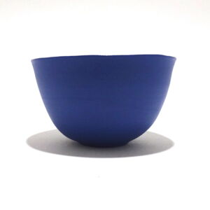 View from the side, a Very Fine Dark Cornflower Blue Porcelain bowl, only glazed on inside, with the outside unglazed and available in Woburn Mosaic, contemporary art gallery