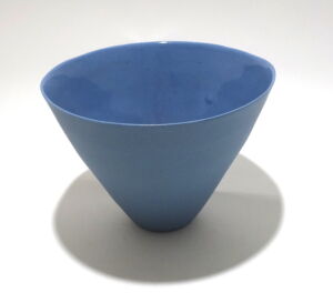 Viewed from an angle above, a very fine medium grey conical porcelain bowl, glazed on the inside with outside unglazed, available in Woburn Mosaic, contemporary art gallery