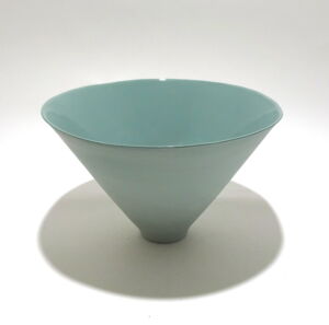 Viewed from a slight angle above, a very fine large green conical earthenware bowl, glazed on the inside with outside unglazed, available in Woburn Mosaic, contemporary art gallery