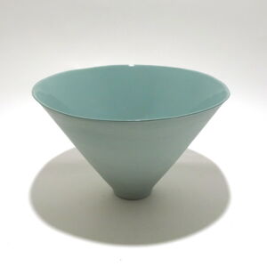 Viewed from a slight angle above, a very fine large green conical earthenware bowl, glazed on the inside with outside unglazed, available in Woburn Mosaic, contemporary art gallery