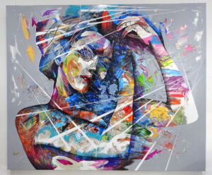 Large mixed media painting of a female figure in vivid colours with white 'graphic' lines across it
