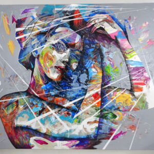 Large mixed media painting of a female figure in vivid colours with white 'graphic' lines across it