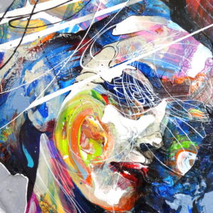 Close-up detail of a large scale mixed media painting in striking colours of female