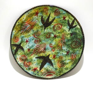MOM017 Morag Mac Innes Birds Fireworks Round Platter