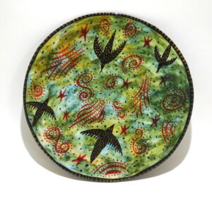 MOM017 Morag Mac Innes Birds Fireworks Round Platter