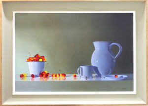 ROW047 WHITE ENAMEL AND CHERRIES FRAMED