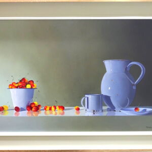 ROW047 WHITE ENAMEL AND CHERRIES FRAMED