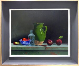 ROW052 GREEN GLAZED JUG AND BRAEBURN APPLES