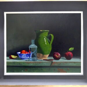 ROW052 GREEN GLAZED JUG AND BRAEBURN APPLES