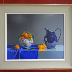 ROW057 BLUE JUG WITH CLEMENTINES IN PATERNED BOWL