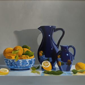 ROW061 BLUE JUG WITH ORIENTAL BOWL AND LEMONS 1