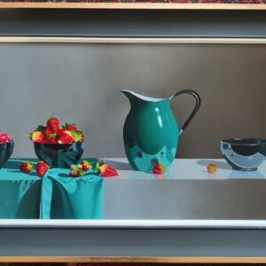 ROW063 TEAL JUG WITH STRAWBERRIES AND PLUMS 1